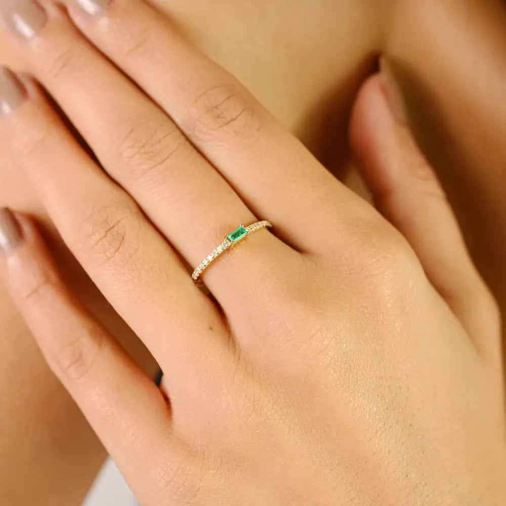 Simple Elegant Design K14 Real Yellow Gold Emerald & Diamond Stacking Dainty Ring For Girls