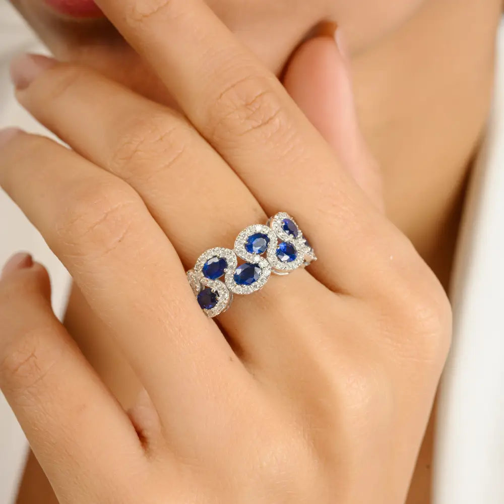 1.59 Ct. Blue Sapphire & Diamond 14K Real White Gold Statement Ring Bridal Wedding Jewelry