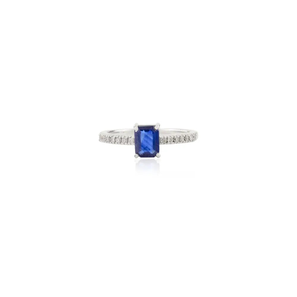 Octagon Cut Blue Sapphire & Diamond Prong Setting Engagement Ring Solid 14K White Gold