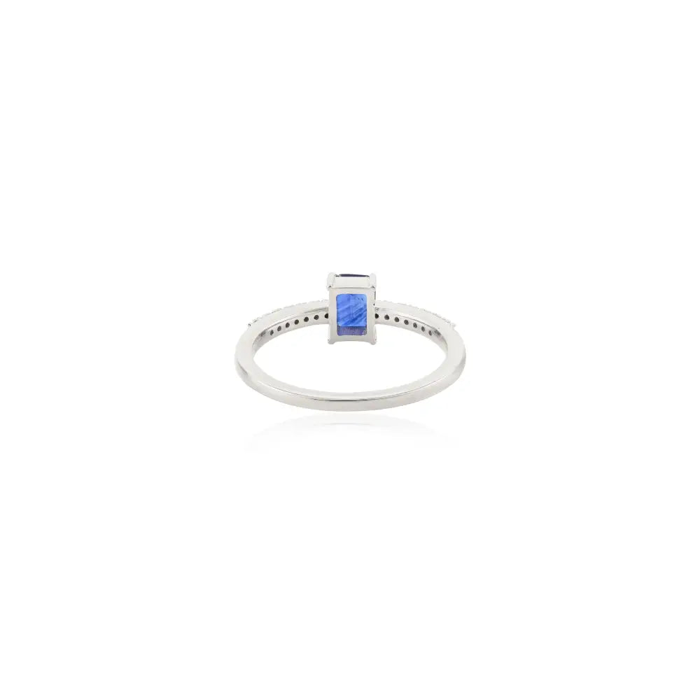 Octagon Cut Blue Sapphire & Diamond Prong Setting Engagement Ring Solid 14K White Gold