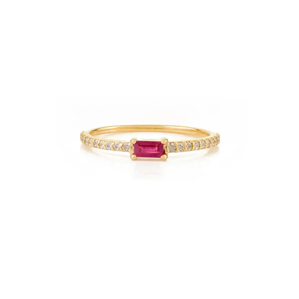 Minimalist Design Ruby & Diamond K14 Yellow Gold Stacking Band Ring Daily Wear Jewelry