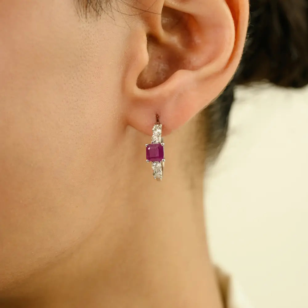 5x5 mm Square Shape Real Ruby & Diamond K18 White Gold Women Hoop Earrings Fine Jewelry