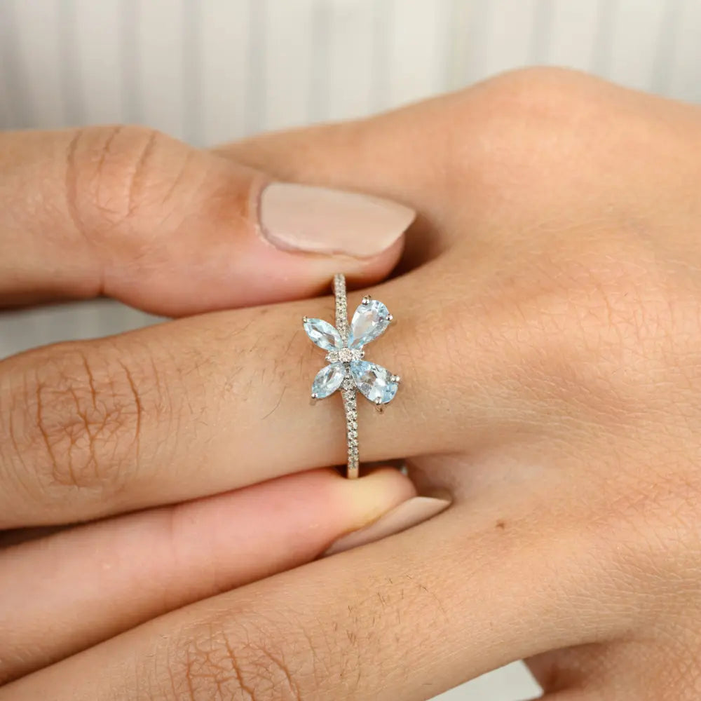 Custom Jewelry 18K Solid White Gold Natural Aquamarine & Diamond Butterfly Ring