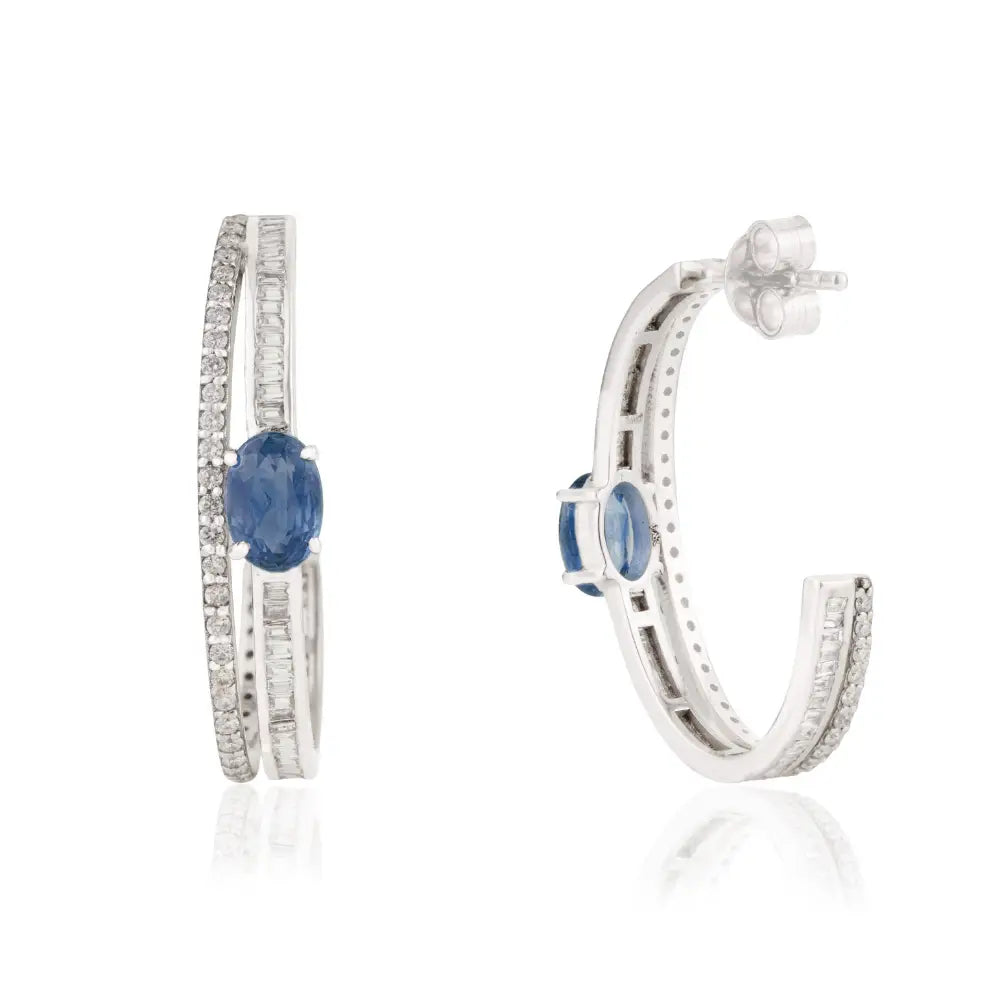 Latest Design Blue Sapphire & Diamond 14K White Gold C Shape Hoop Earrings For Women
