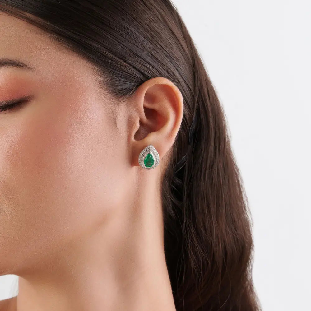 Real 18K White Gold Zambian Emerald & Diamond Pear Shape Double Cluster Stud Earrings