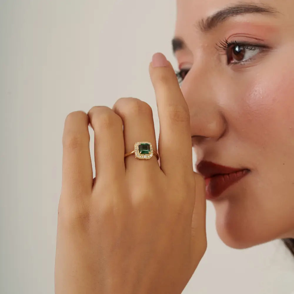 14K Real Yellow Gold Green Tourmaline & Diamond Halo Minimal Ring Stackable Jewelry
