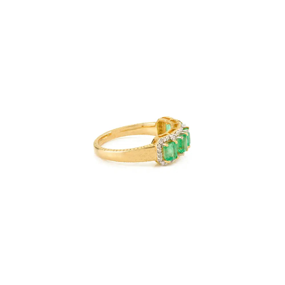 Solid K14 Yellow Gold Natural Emerald & Diamond Halo Half Eternity Band Ring Engagement Jewelry