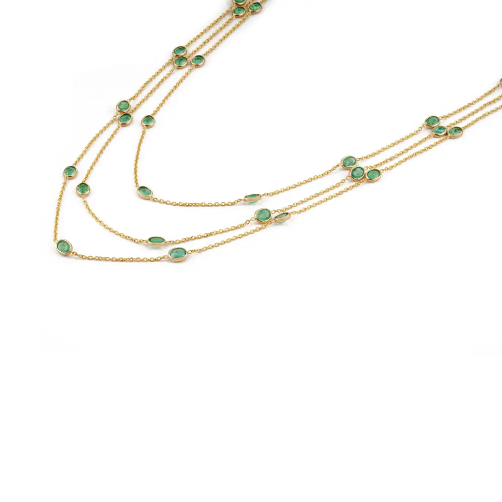 Luxury Women's Emerald Gemstone Triple Layer Station Chain Necklace 14K Yellow Gold
