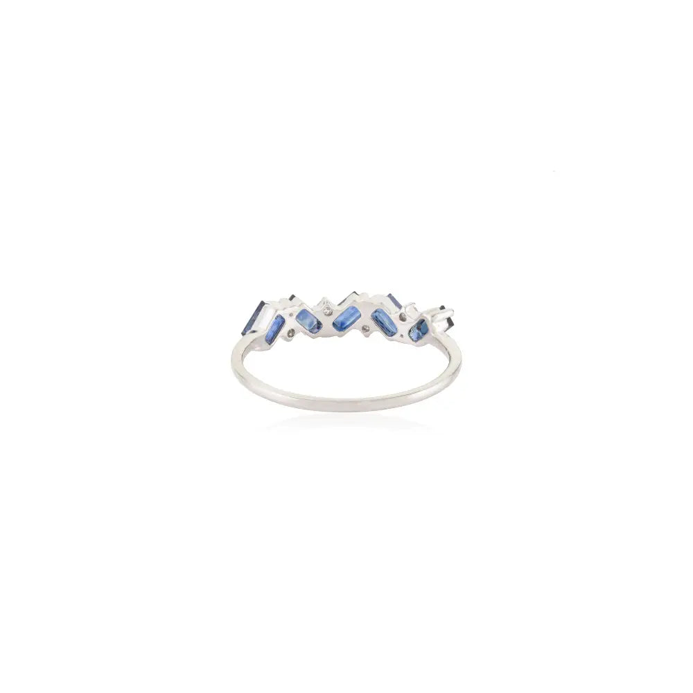 14K Real White Gold Blue Sapphire & Diamond Zig Zag Half Eternity Band Ring Unique Jewelry