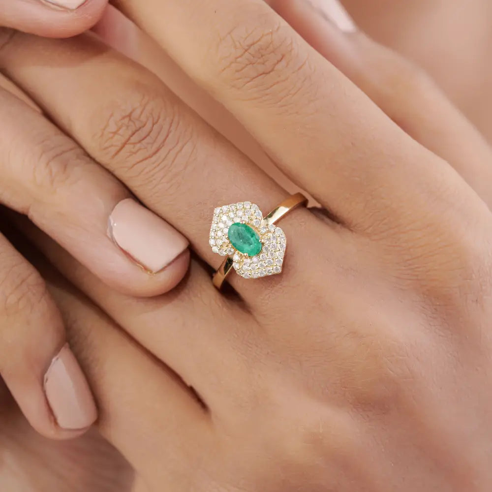 High End Quality Emerald & Diamond Solid K14 Yellow Gold Double Cluster Ring Wedding Jewelry