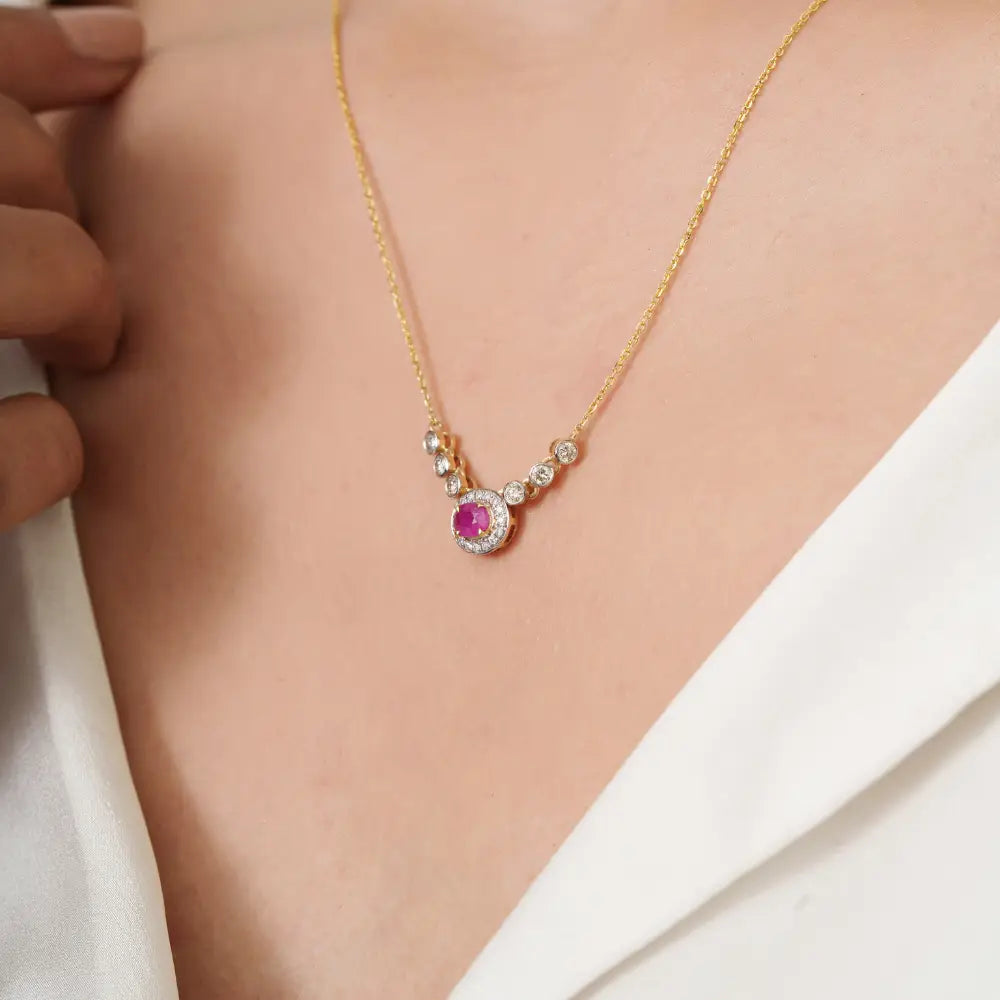 100% Genuine Ruby & Diamond Halo Pendant Necklace K14 Real Yellow Gold Fine Jewelry