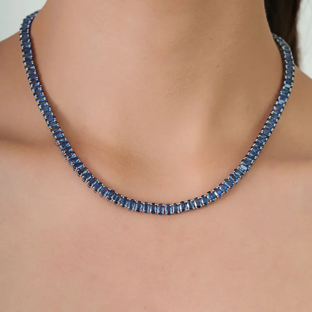 Handmade Design Blue Sapphire 14K White Gold Statement Tennis Necklace For Wedding