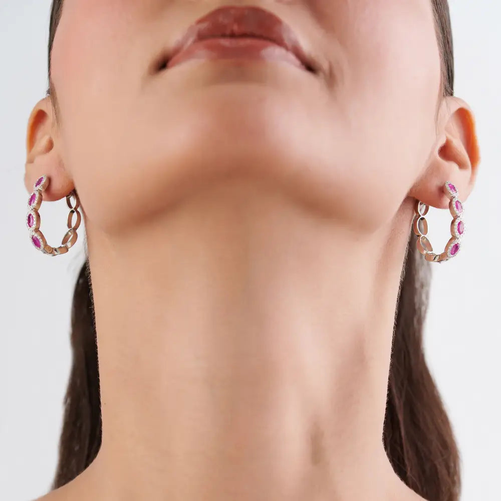 100% Genuine Ruby & Diamond Halo Hoop Earrings Bold Jewelry For Women's 14K White Gold