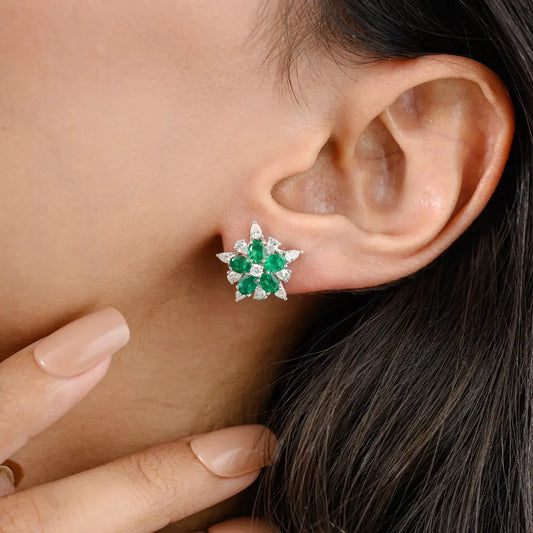 Emerald & Diamond 18K White Gold Flower Shape Stud Earrings Luxury Statement Jewelry