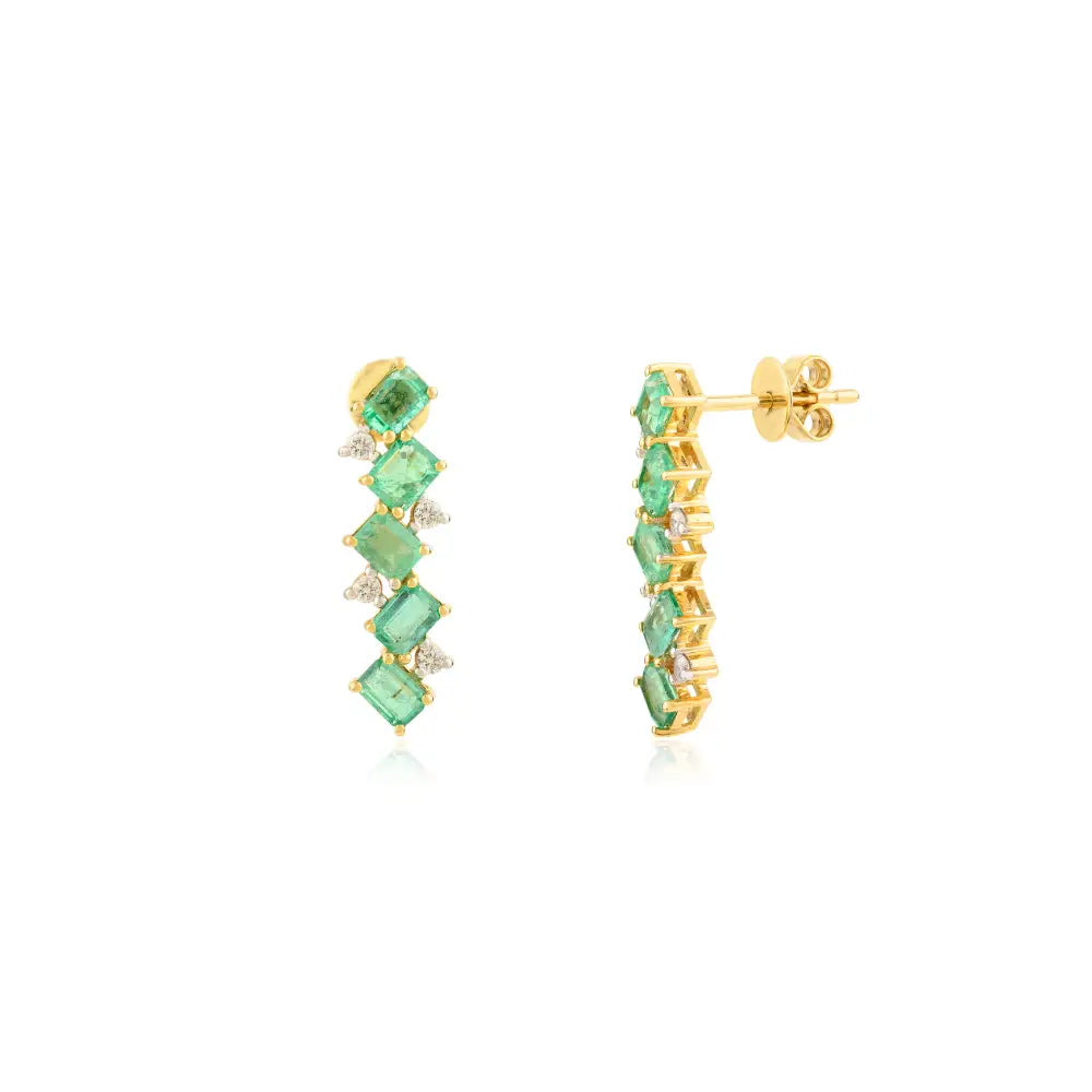 Octagon Cut Emerald & Round Diamond Zig Zag Shape Stud Earrings 14K Yellow Gold