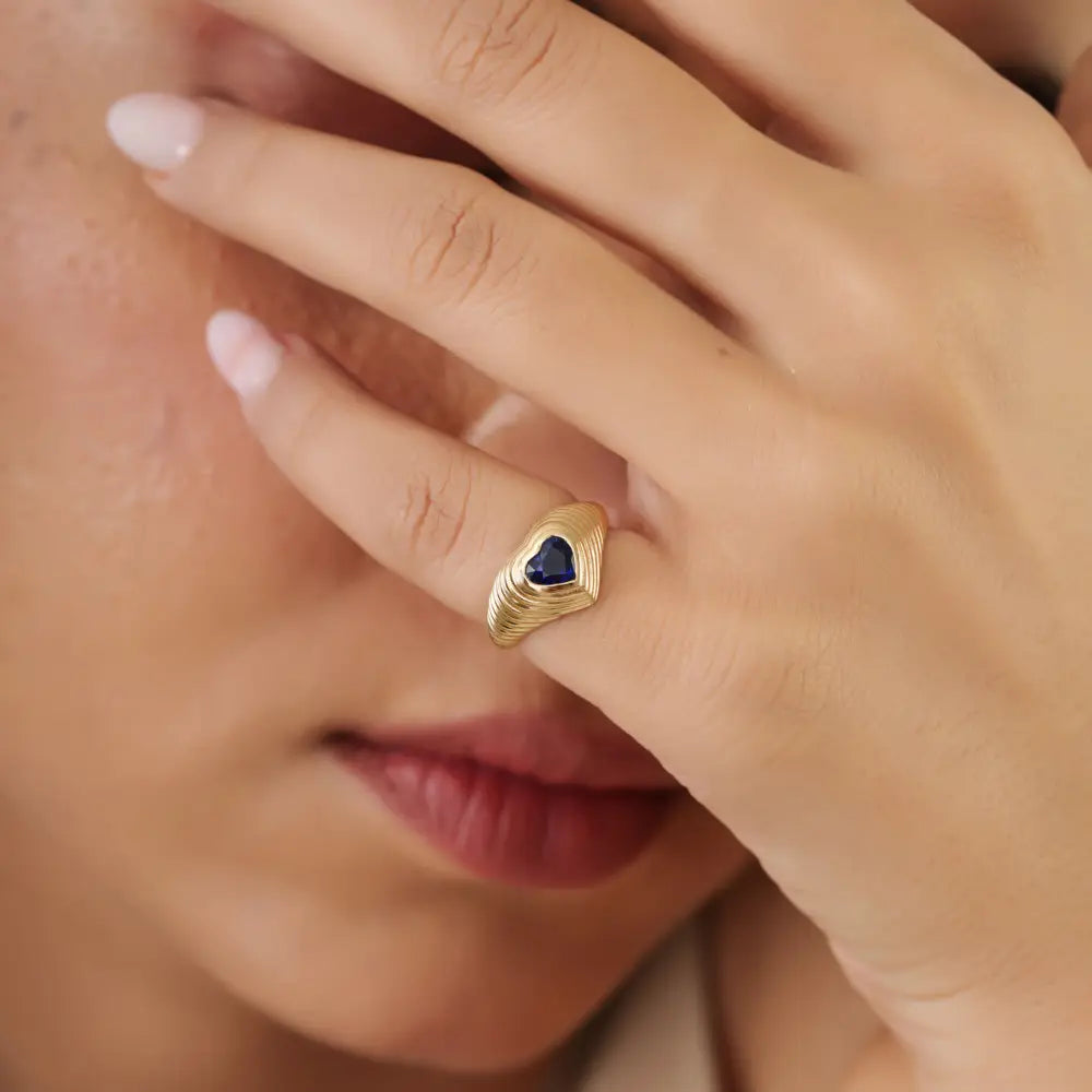 Gypsy Set Blue Sapphire Gemstone Heaty Shape Croissant Pinky Ring 14K Yellow Gold Jewelry