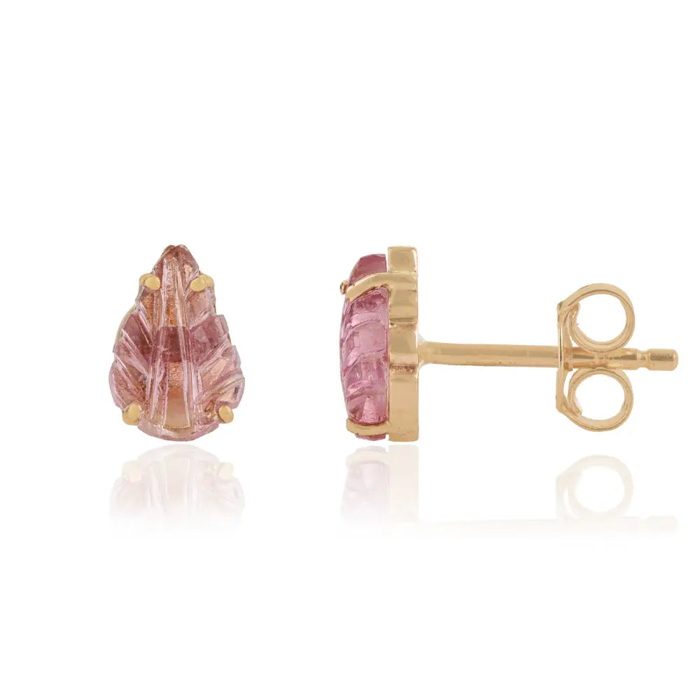 Prong Set Pink Tourmaline Handmade Carving Leaf Shape Stud Earrings 14K Yellow Gold