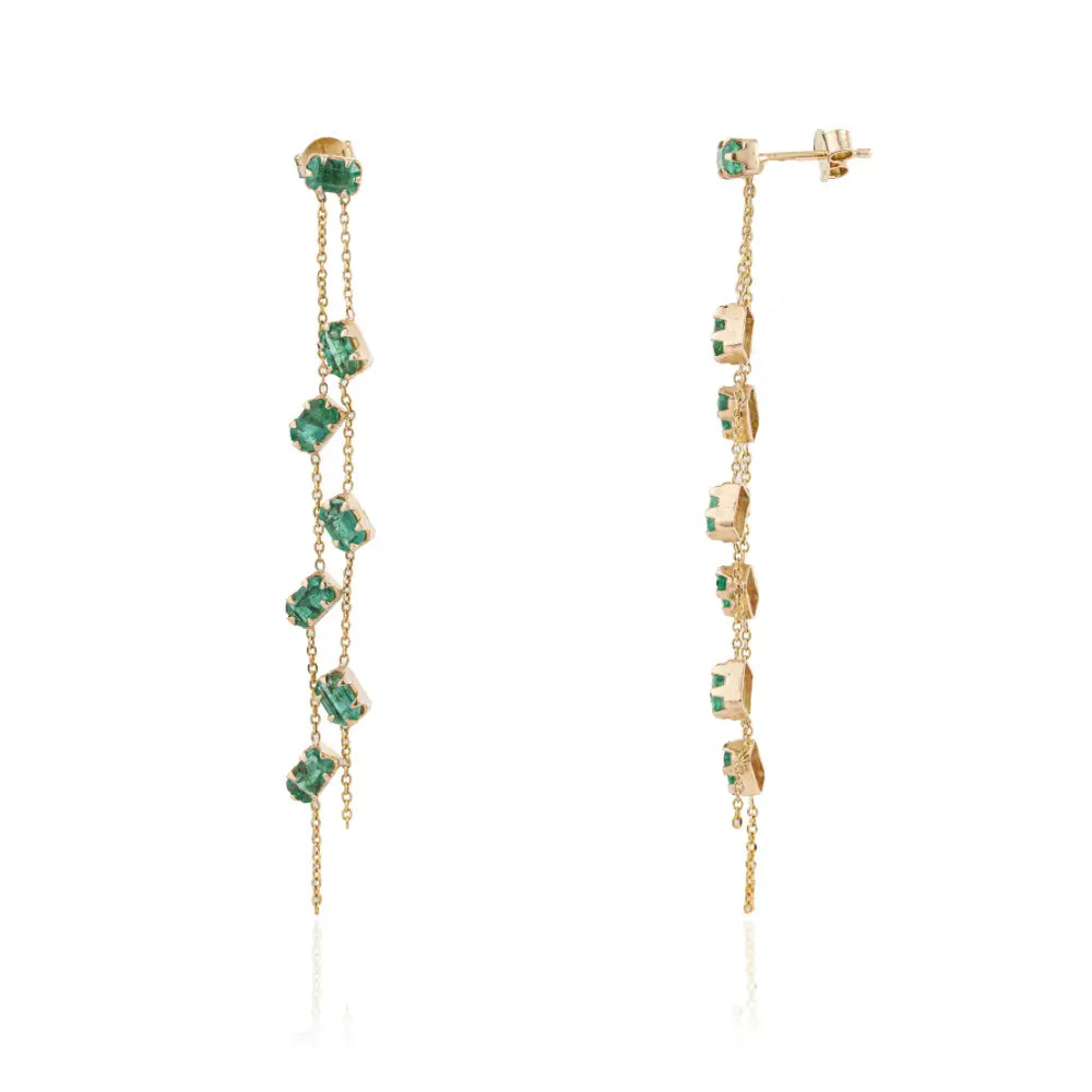 Pinion Bezel Set Emerald 14K Real Yellow Gold Double Link Chain Long Dangle Earrings