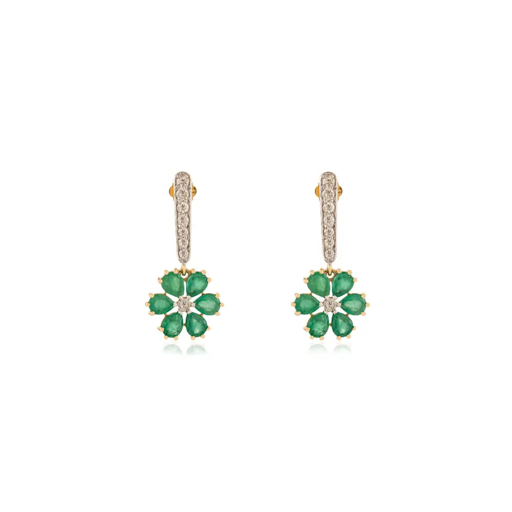 Flower Shape Drop Earrings Featuring In Emerald & Diamond K18 Yellow Gold Designer Jewelry