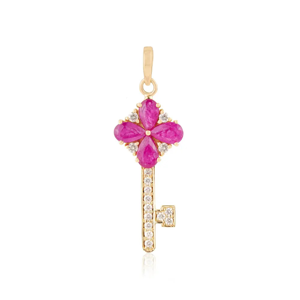 Unique Design 14K Yellow Gold Genuine Ruby & Diamond Key Pendant Customized Jewelry
