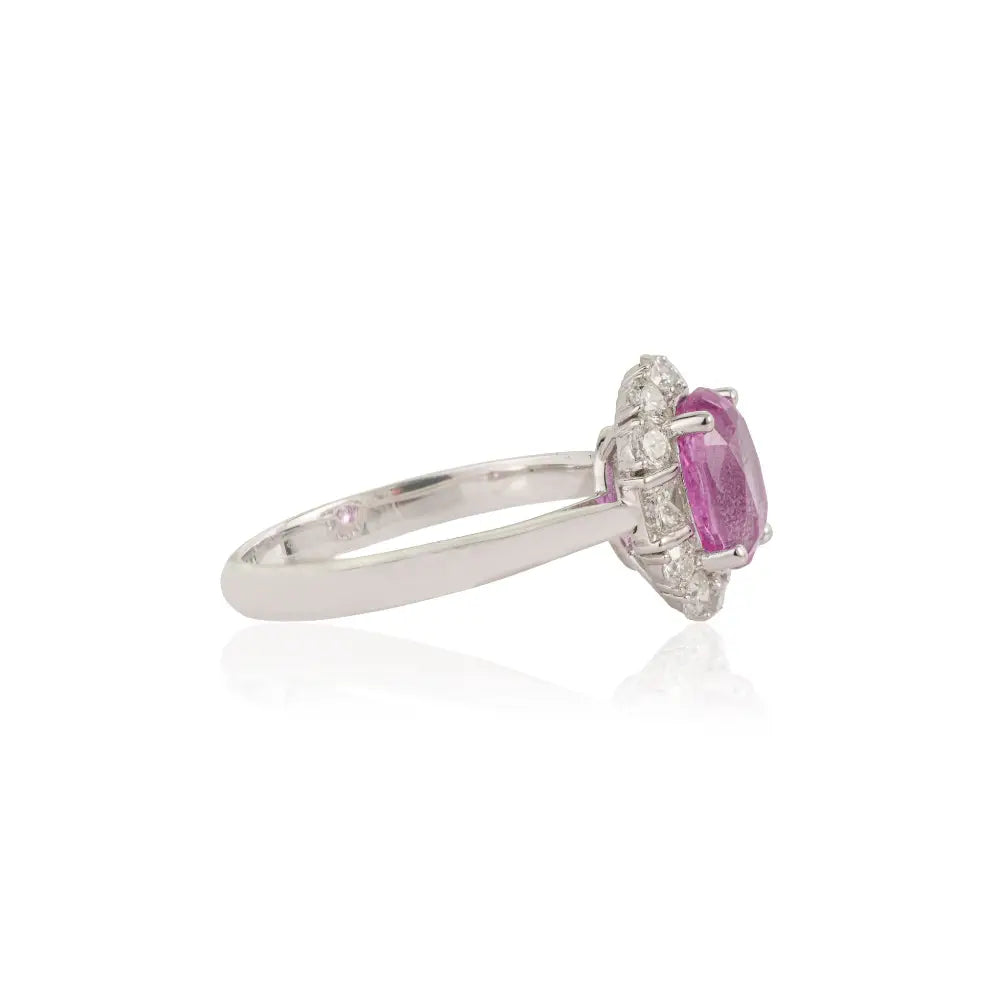 100% Natural Pink Sapphire & Diamond 18K White Gold Statement Halo Ring Birthstone Jewelry