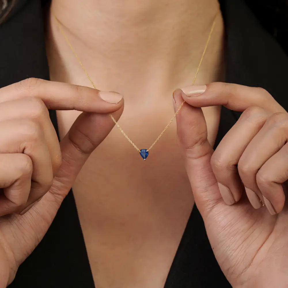Minimalist Dainty Blue Sapphire Single Stone Pendant Necklace For Girls 18K Yellow Gold