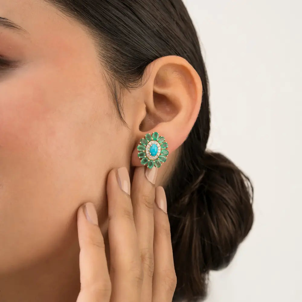 Natural Gemstone Emerald Turquoise & Diamond Floral Halo Stud Earrings 14K Yellow Gold