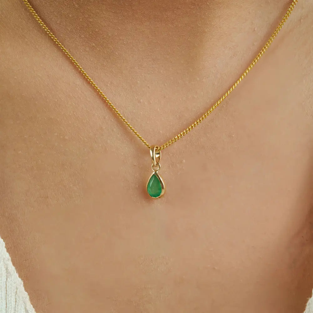 Bezel Set Zambian Emerald Gemstone Pure 14K Yellow Gold Fine Minimal Pendant For Unisex
