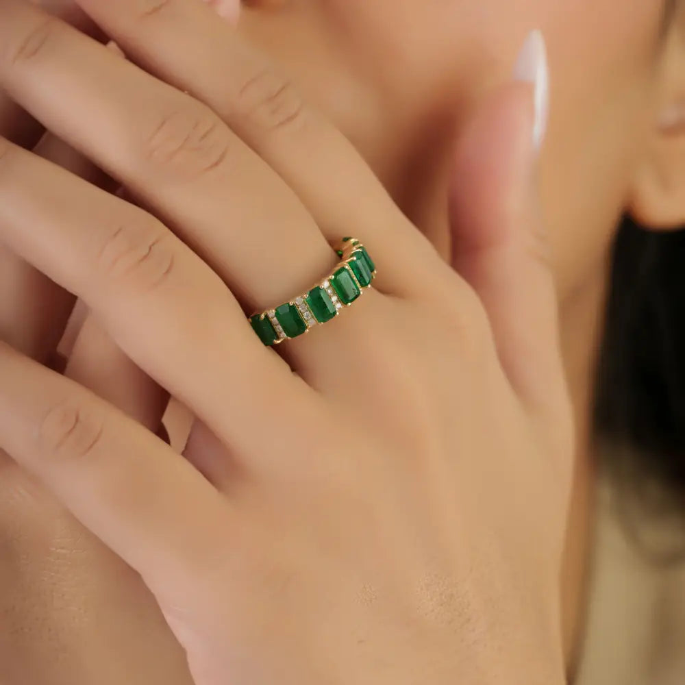 Zambian Emerald & Diamond Fine 18K Yellow Gold Half Eternity Band Ring Precious Jewelry