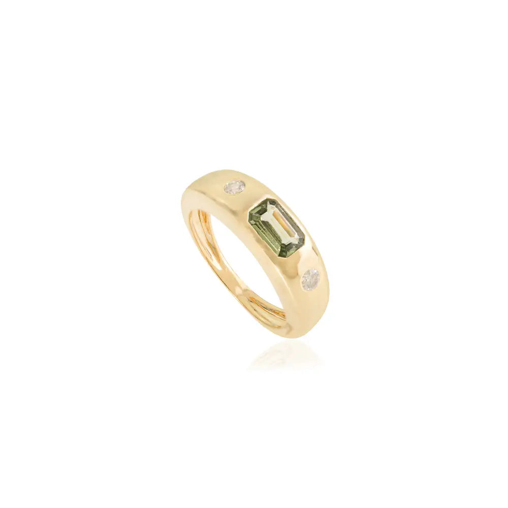 6X4 MM Green Sapphire & Round Diamond Real K14 Yellow Gold Customized Gypsy Chunky Ring