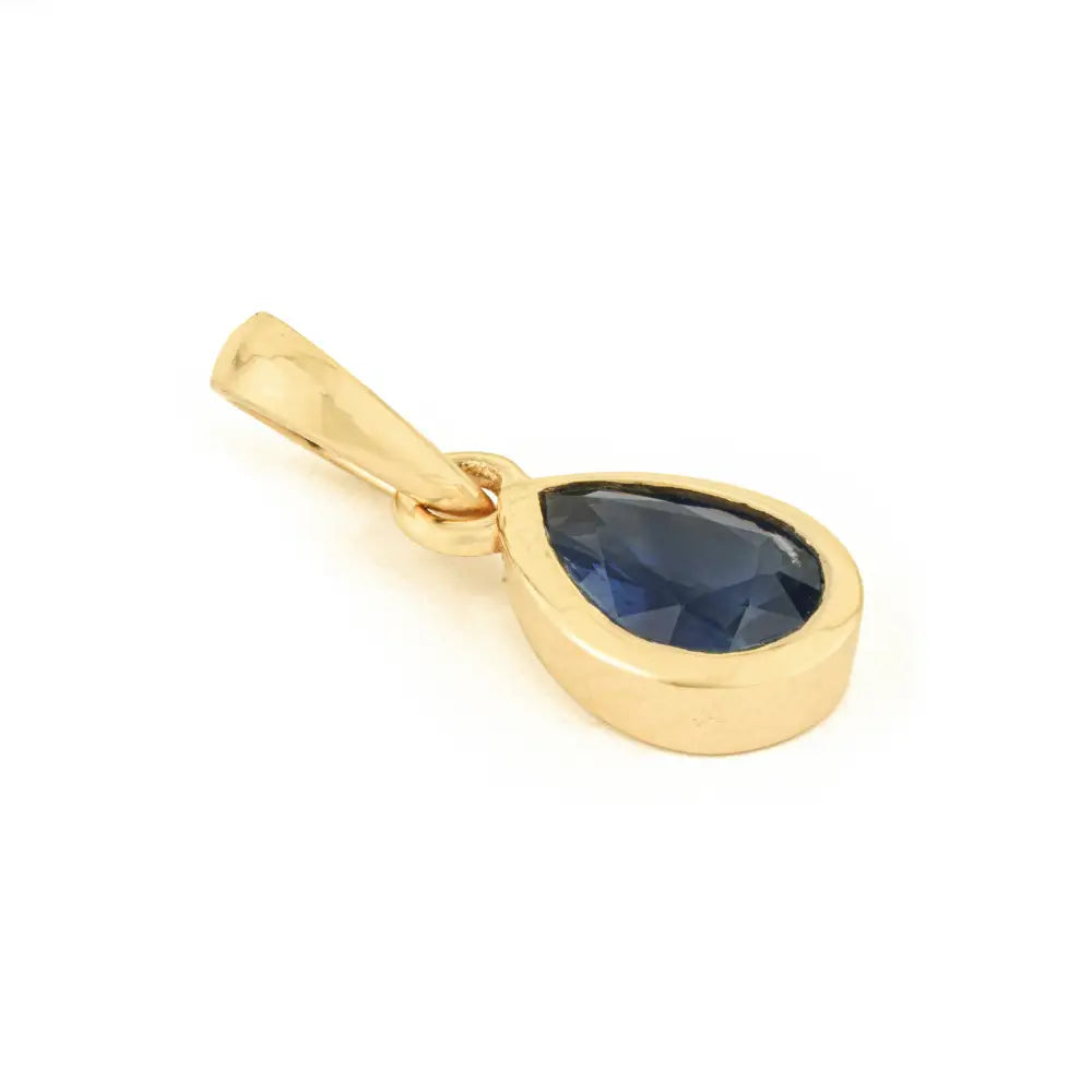14K Yellow Gold Bezel Set Blue Sapphire Teardrop Shape Minimal Pendant Everyday Wear
