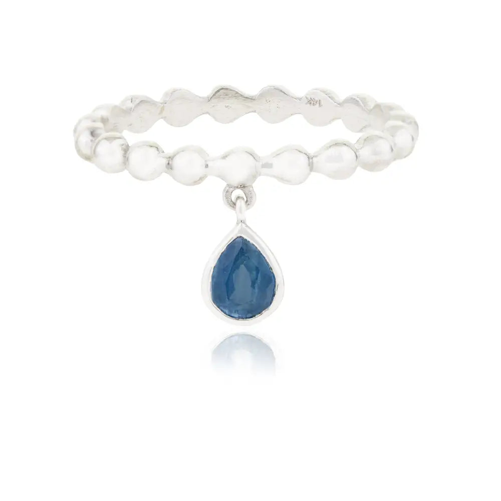 Real Blue Sapphire Gemstone Beaded Band Charm Ring Elegant 14K White Gold Bulk Jewelry