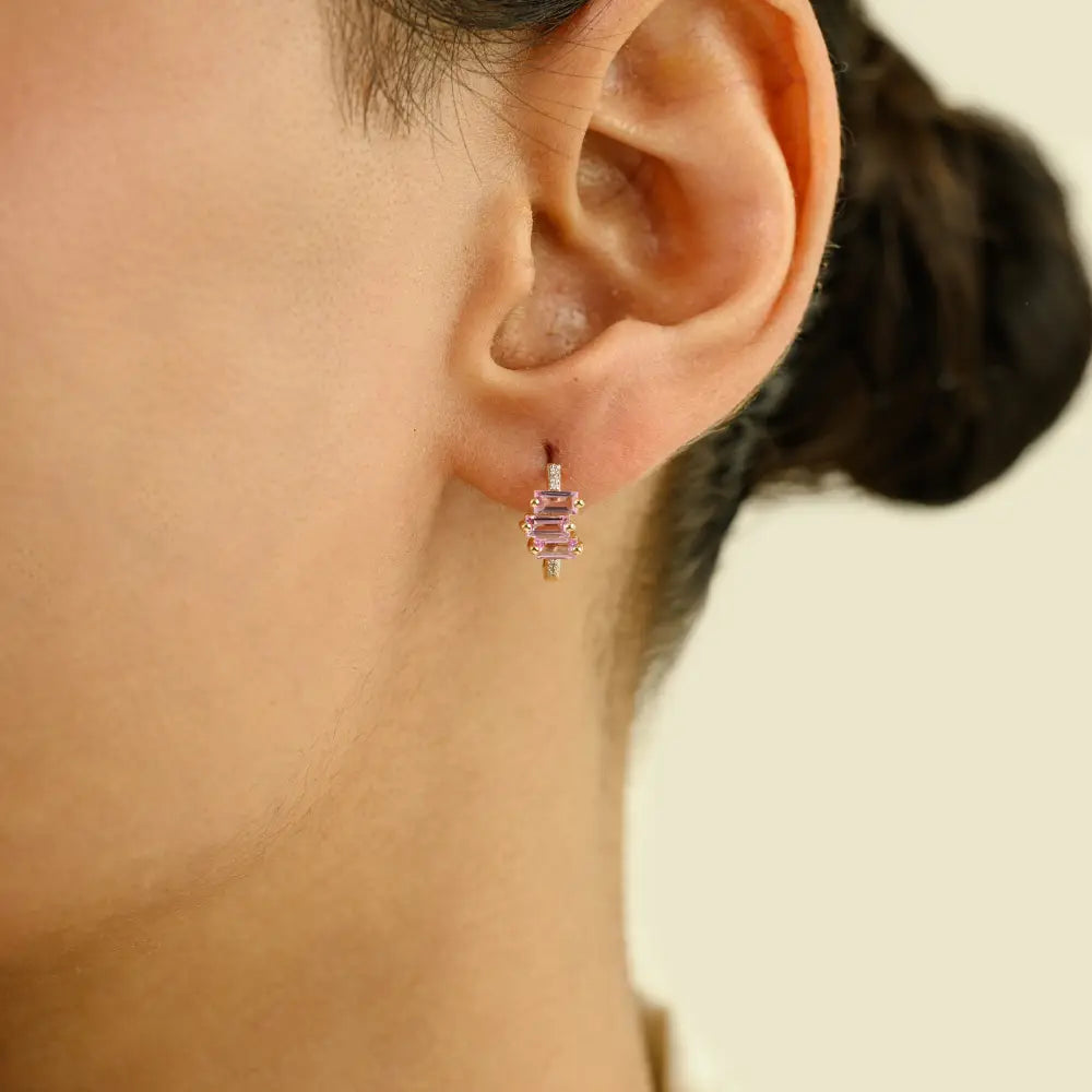 Minimalist Dainty Pink Sapphire & Diamond Fine 14K Solid Gold Huggie Hoop Earrings For Girls