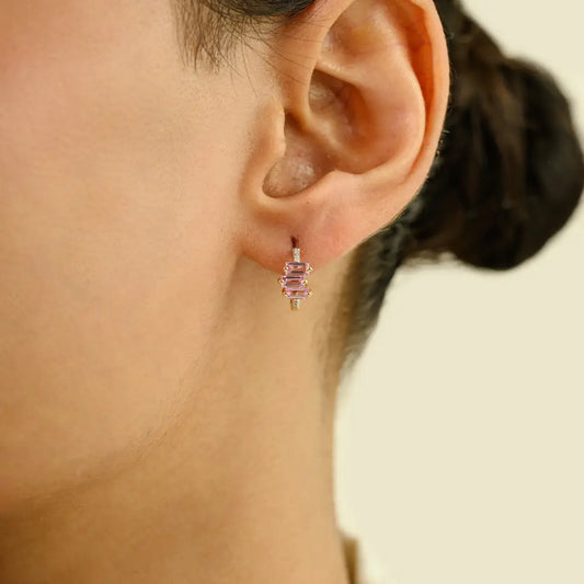 Minimalist Dainty Pink Sapphire & Diamond Fine 14K Solid Gold Huggie Hoop Earrings For Girls