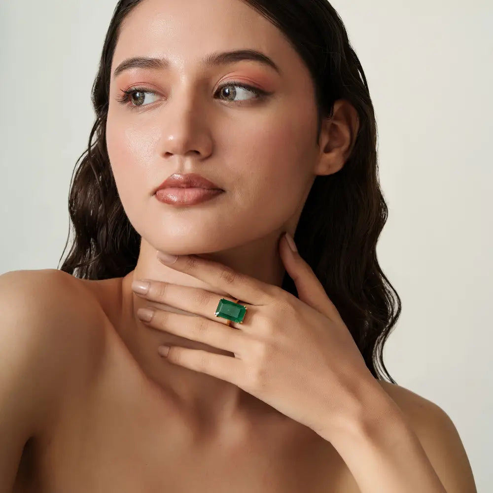 Double Prong Set 12.6 Ct. Emerald Single Stone Ring Wedding 18K Pure Yellow Gold Jewelry
