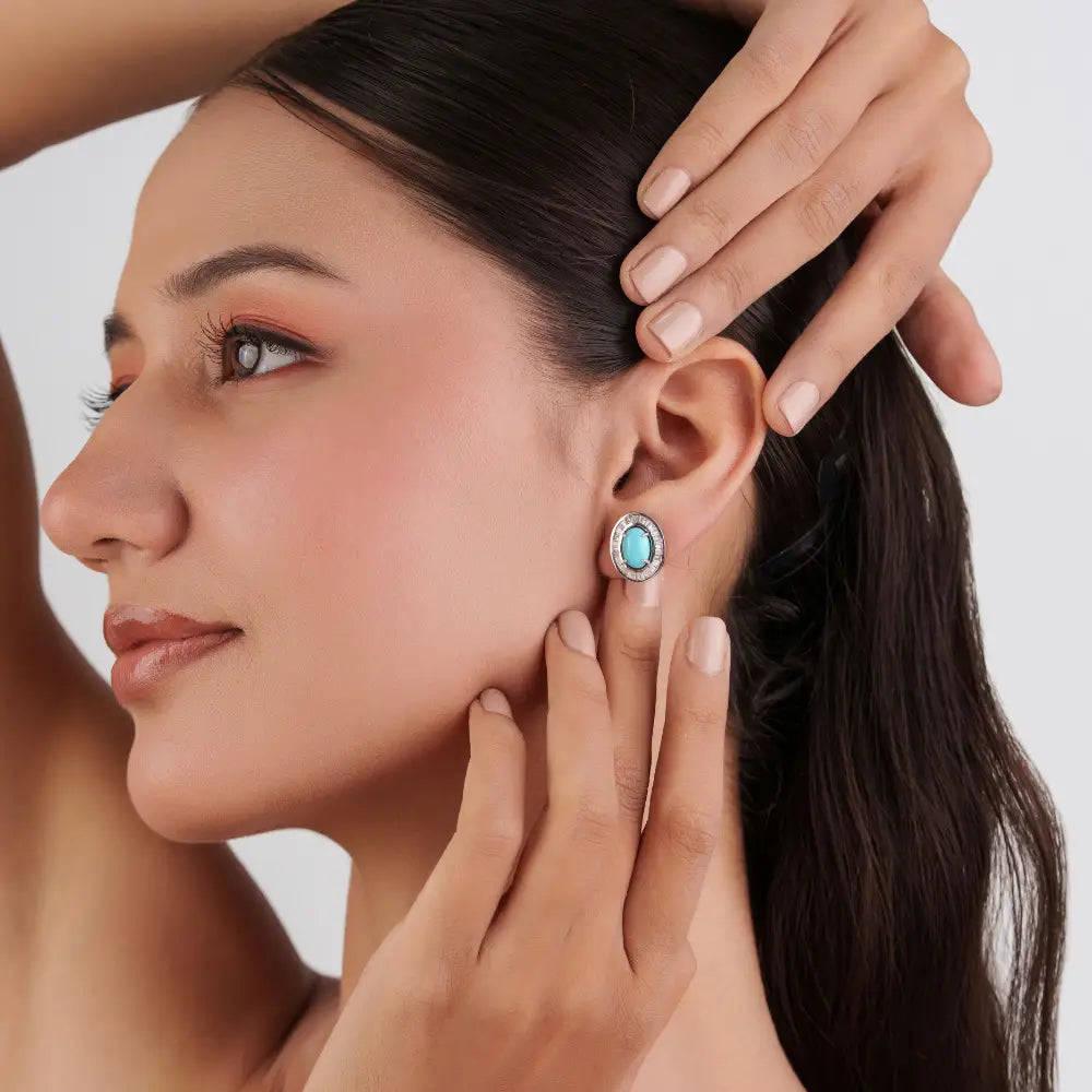 Best Selling 9x6mm Oval Cut Turquoise & Diamond Halo Stud Earrings 14K White Gold Jewelry