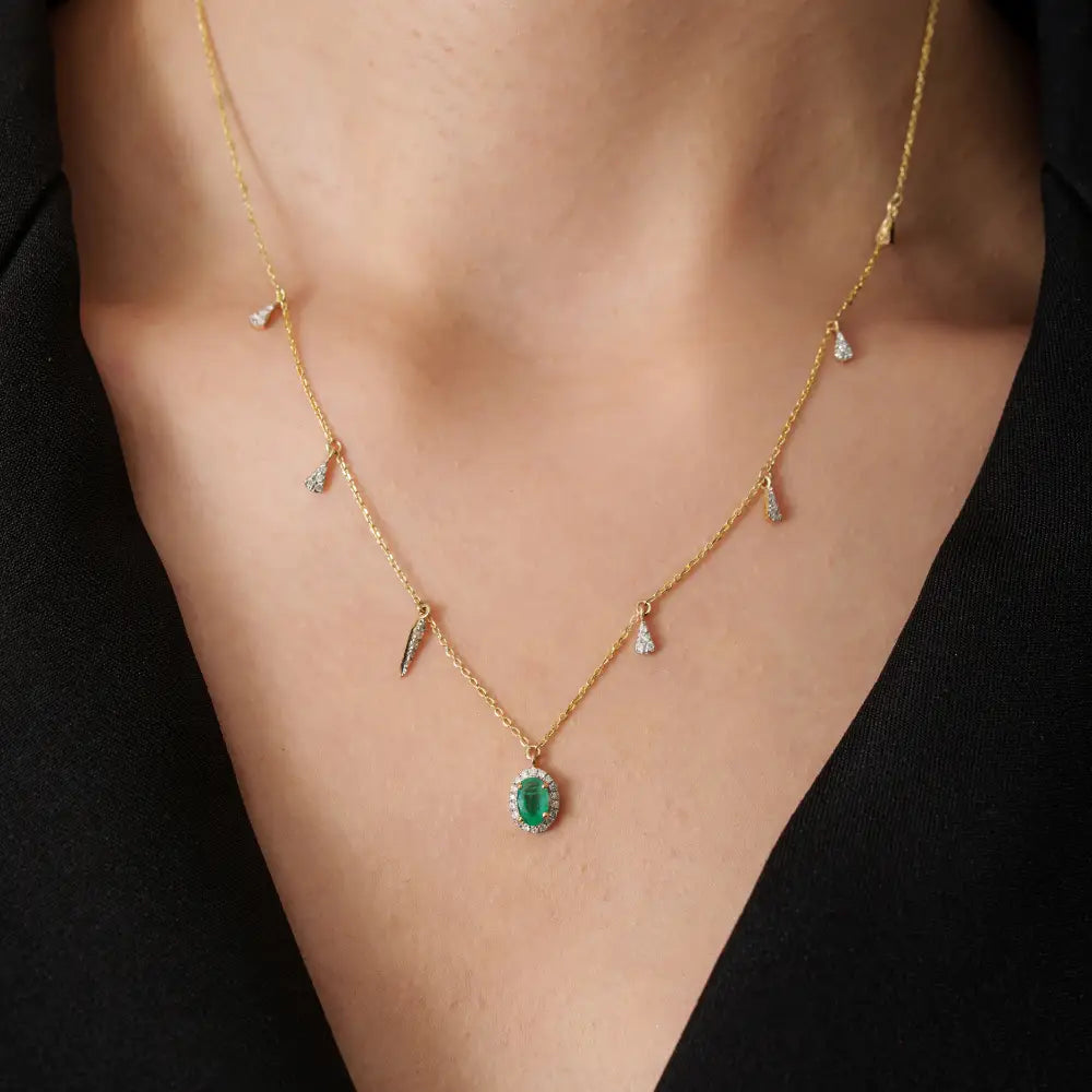 Elegant Design Emerald & Diamond Stacked Charm Chain Necklace Solid 14K Yellow Gold Jewelry