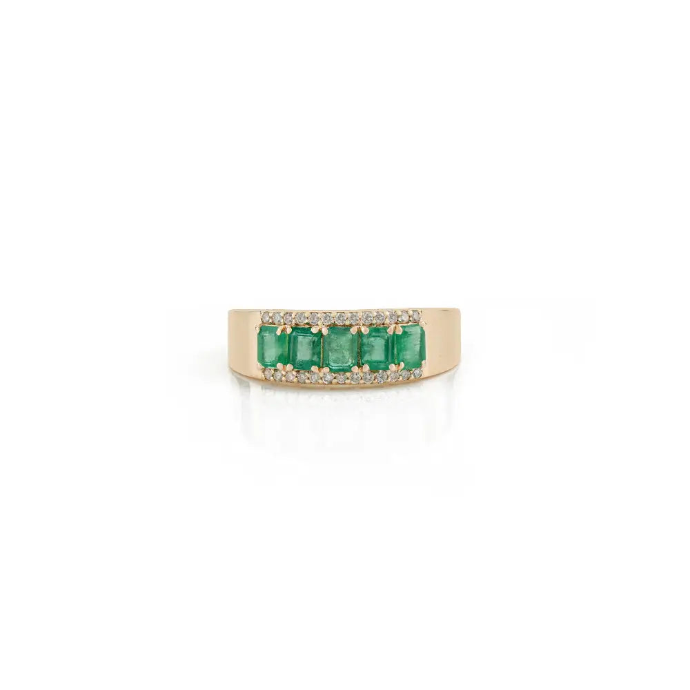 Real Emerald Gemstone & Diamond K14 Yellow Gold Wedding Band Ring Latest Design Jewelry