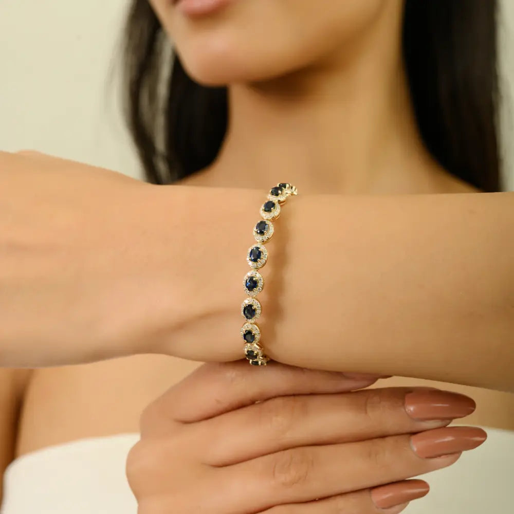 Oval Shape Blue Sapphire & Round Cut Diamond 14K Solid Gold Halo Tennis Bracelet