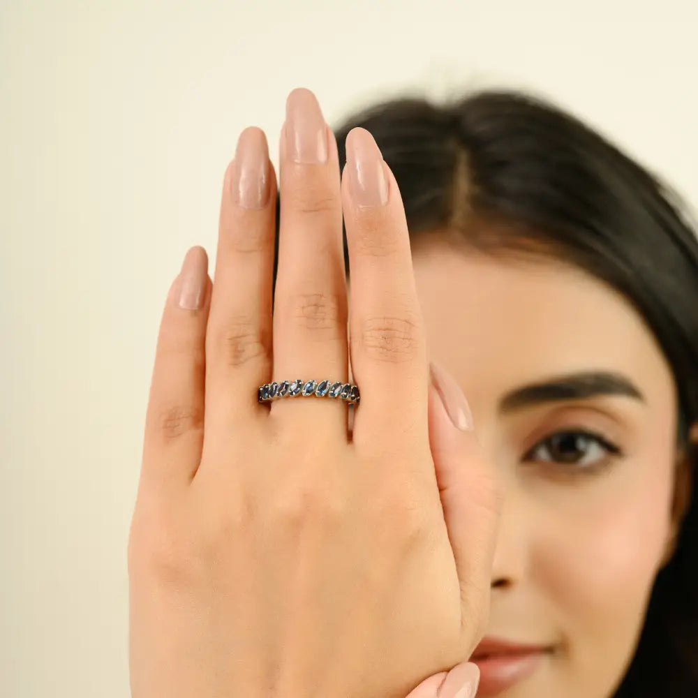 Elegance Style Marquise Shape Blue Sapphire Half Eternity Band Ring K14 White Gold Jewelry