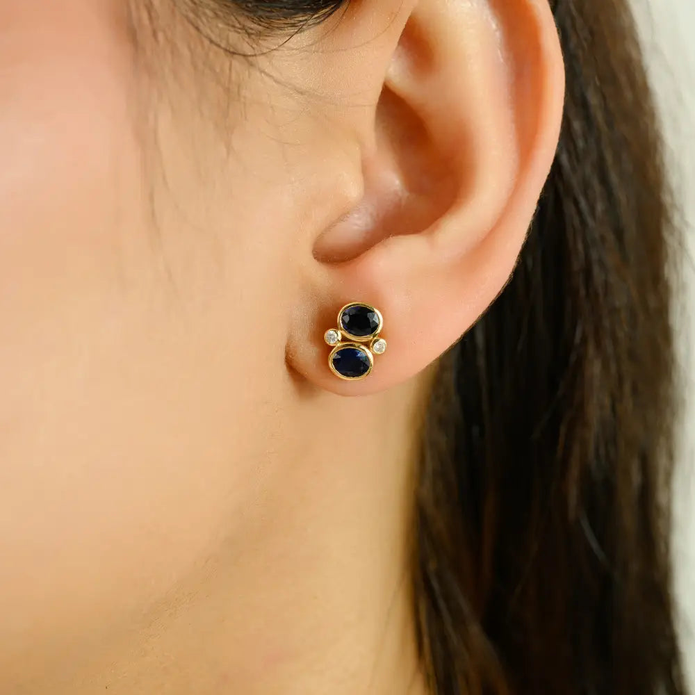 Bezel Set Blue Sapphire & Diamond K18 Yellow Gold Minimal Stud Earrings Custom Jewelry