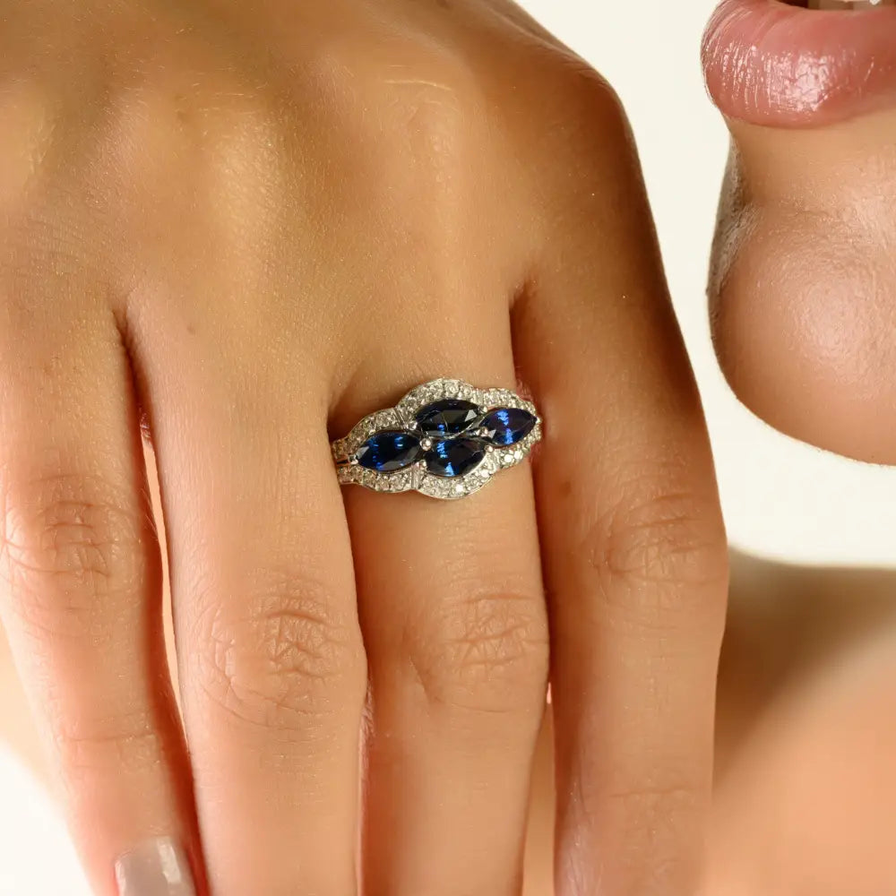 Unique Designer Blue Sapphire & Diamond Vintage Style Gemstone Ring Solid 14K Gold