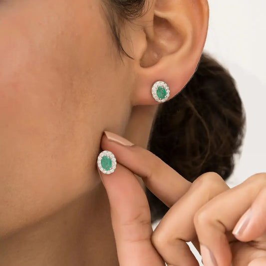 Oval Shape Emerald & Round Cut Diamond Halo Stud Earrings Minimal 14K White Gold Jewelry
