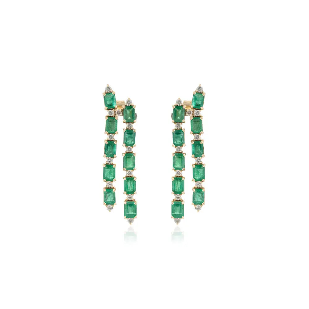 K14 Yellow Gold Fine Emerald & Diamond Two Line Dangle Earrings For Women Wedding Jewelry