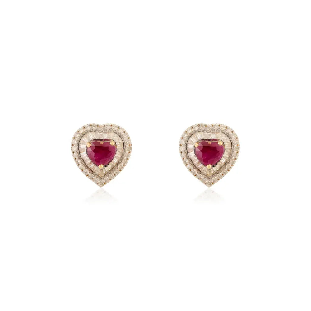 Heart Shape Ruby & Diamond Solid K14 Yellow Gold Double Cluster Stud Earrings For Women