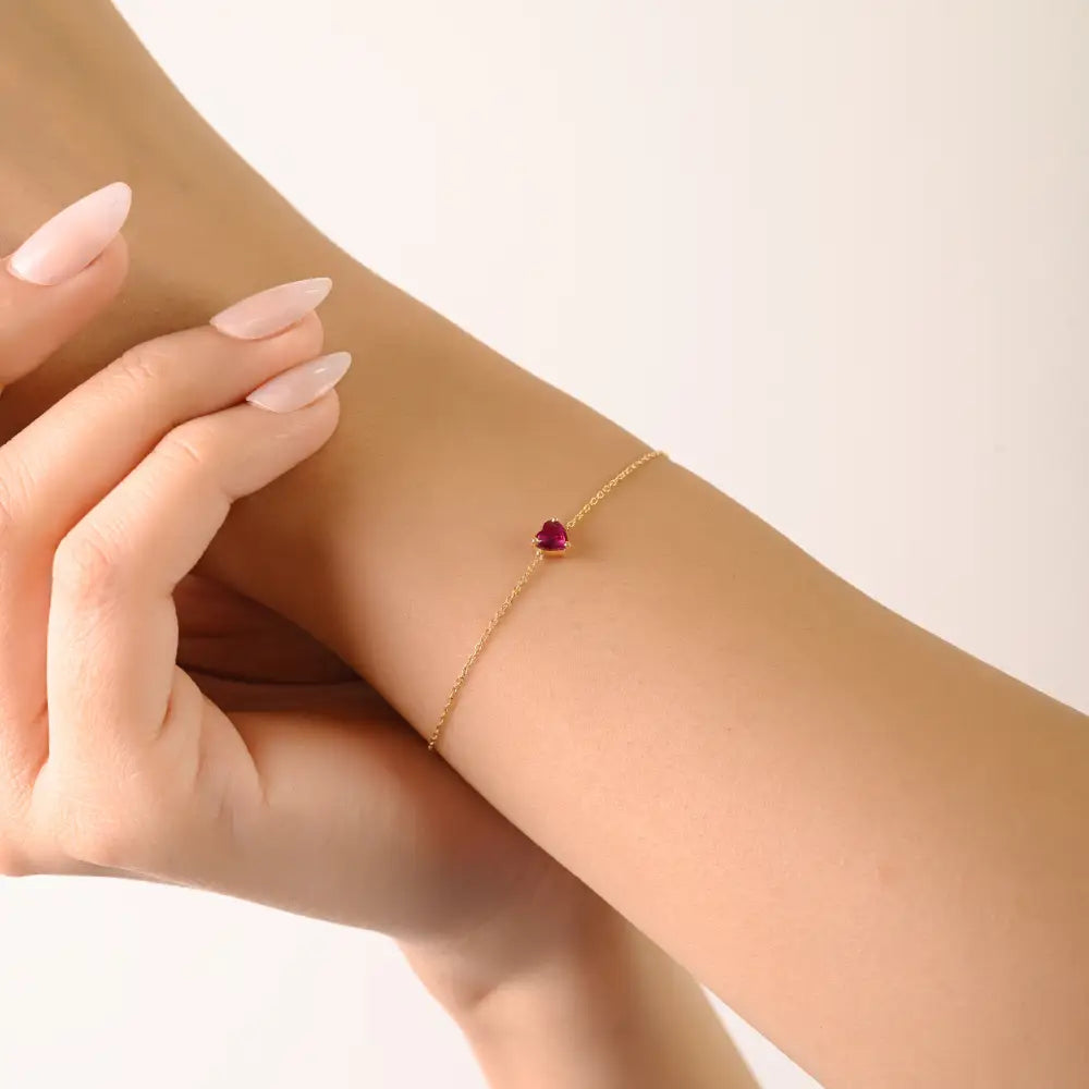 Tiny Heart Shape Ruby Prong Set Single Stone Bracelet 14K Yellow Gold Valentine Gift