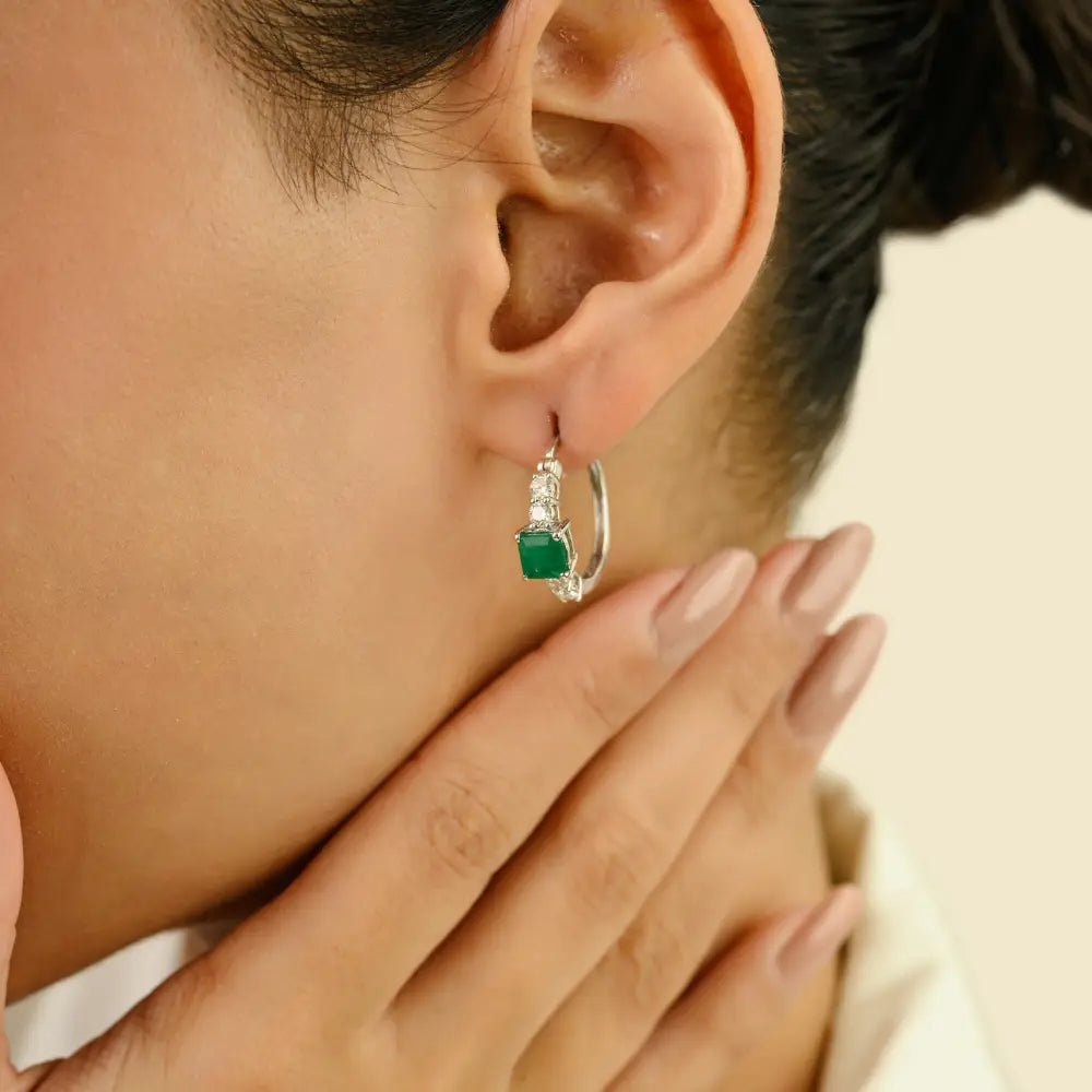Prong Setting Emerald & Diamond K14 White Gold Everyday Hoop Earrings For Women Gift