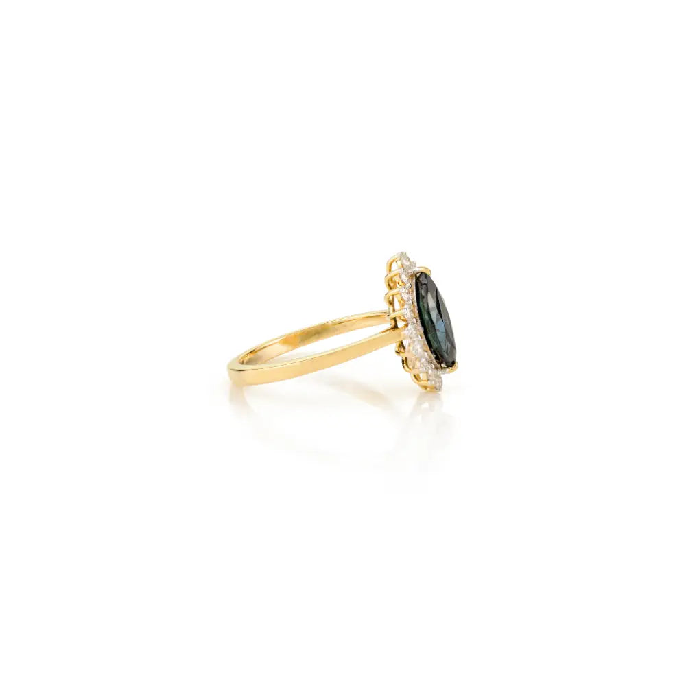 Unique Blue Sapphire & Diamond Marquise Shape Cluster Ring Unisex Real K18 Yellow Gold