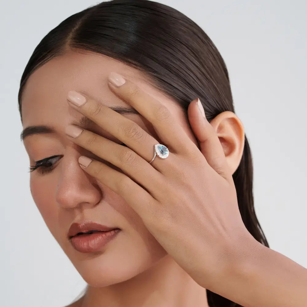 Latest Design Genuine Aquamarine & Diamond Pear Shape Halo Ring 14K Solid White Gold