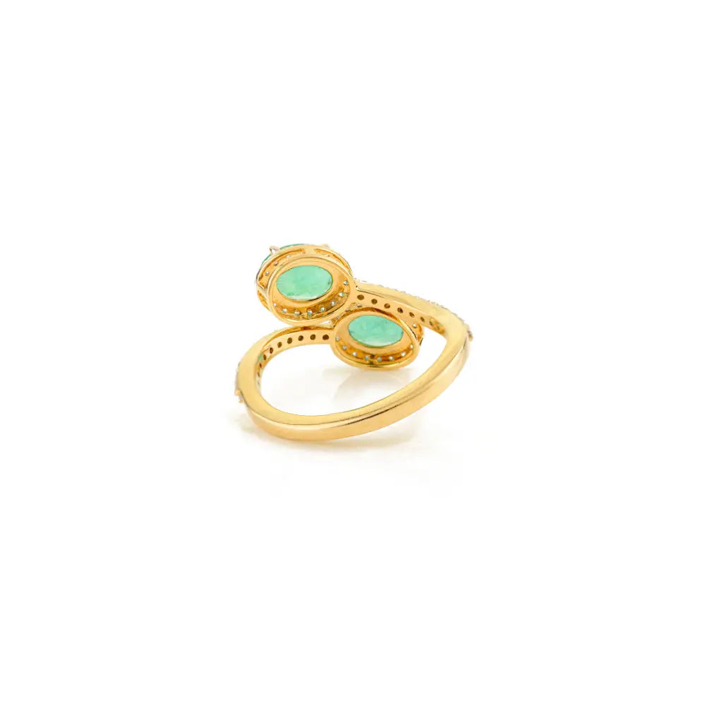 Statement Jewelry Solid 14K Yellow Gold Natural Emerald & Diamond Bypass Ring Unisex